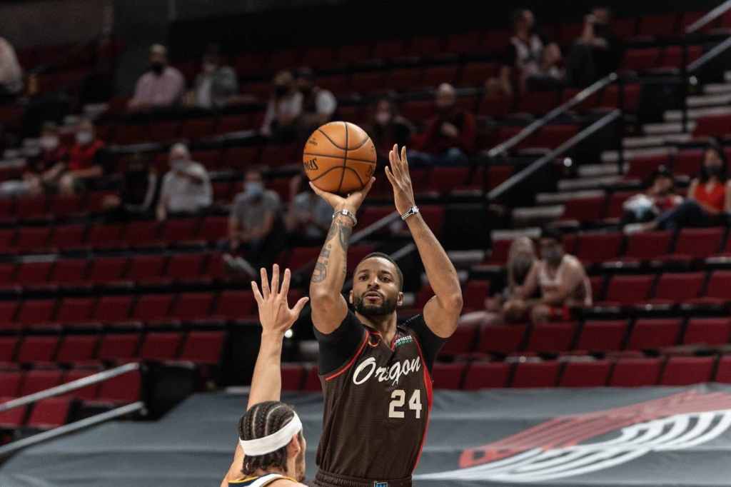 Portland Trail Blazers Guard Norman Powell shooting a basket Photograph from the May 16, 2021 Game aganist the Denver Nuggets Photograph Bruce Ely-Trail Blazers Portland Trail Blazers Guard Norman Powell shooting a basket Photograph from the May 16, 2021 Game aganist the Denver Nuggets Photograph Bruce Ely-Trail Blazers