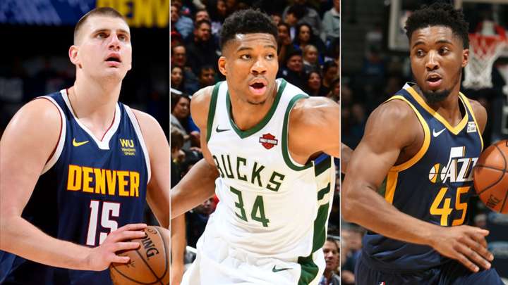 Nuggets center, Nikola Jokic, Bucks forward, Giannis Antetokounmpo, and Jazz guard, Donovan Mitchell with the ball during their games.