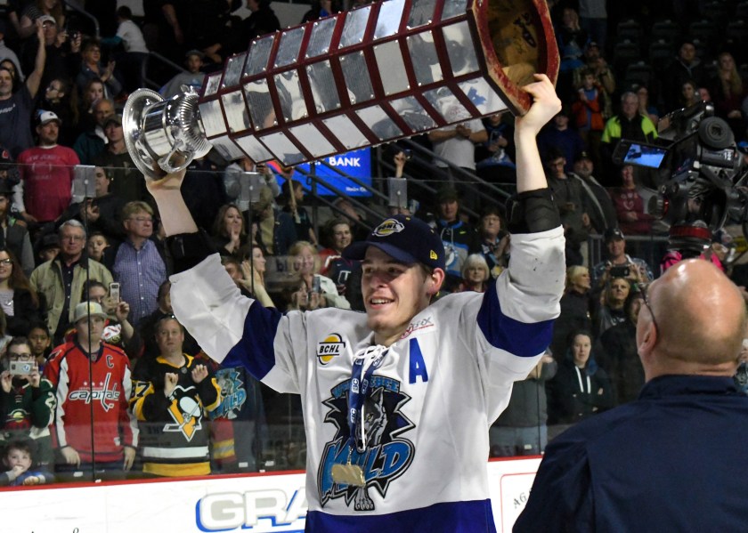 Weatherby lifting the BCHL's Fred Page Cup. Photo Credit: Russ Alman