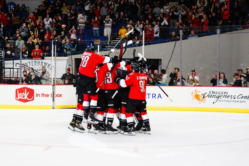 Portland Winterhawks players celebrate during a game last season. Photo credit: Keith Dwiggins