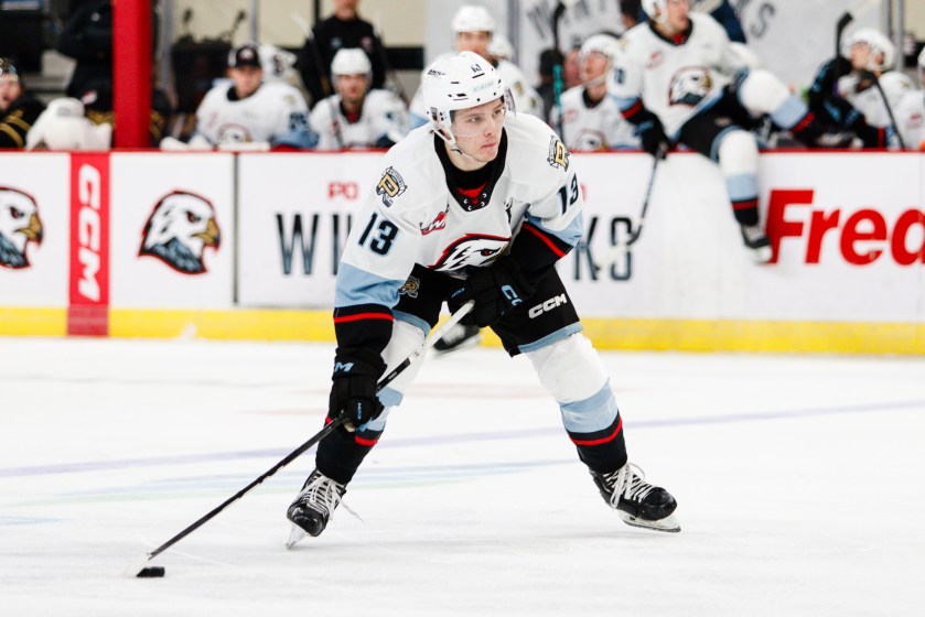 James Stefan with the puck during a home game. Photo credit: Keith Dwiggins
